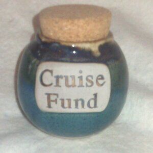 Tumbleweed Pottery Piggy Bank Cruise Fund Jar Cork Stopper Blue 5" Tall New